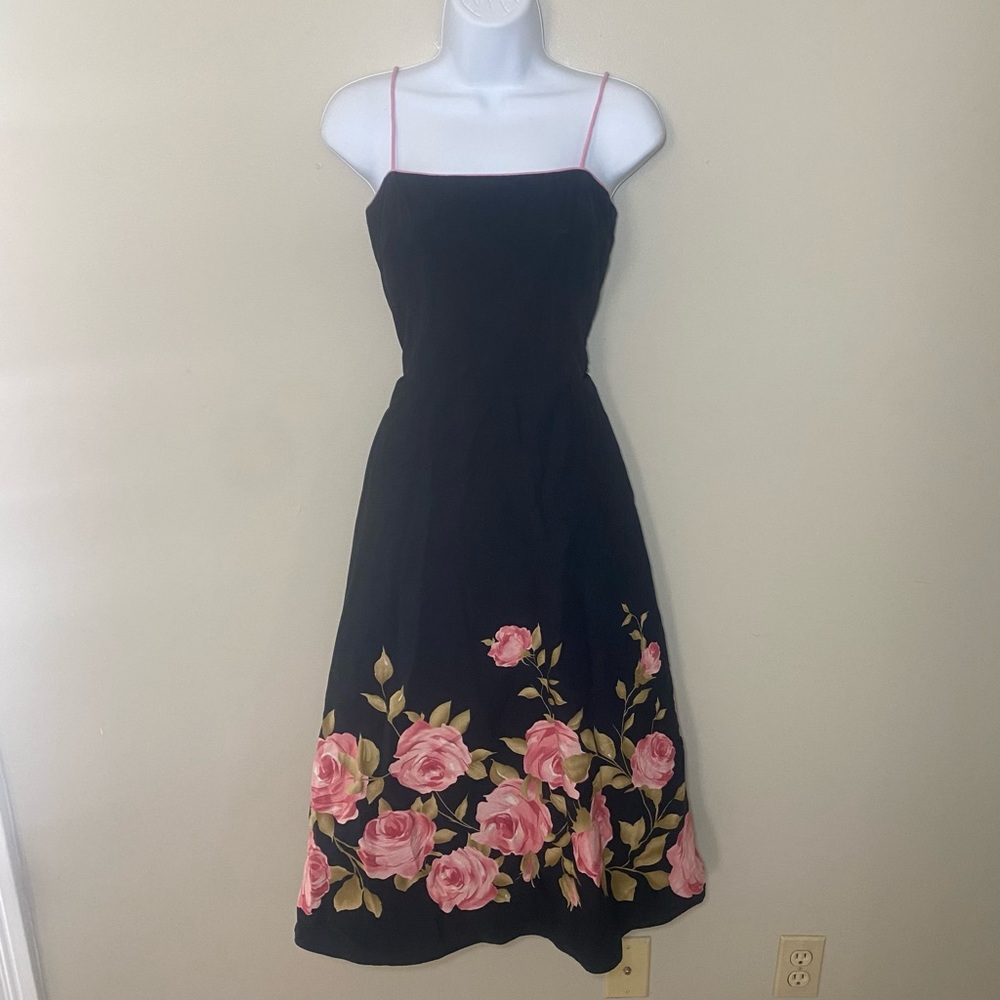 Vintage Jessica Howard Pink Rose Floral Black Fit and Flare Dress Size 8